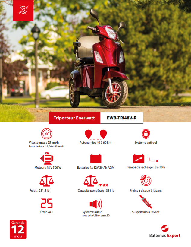 3 WHEEL Electric SCOOTER RW-DRIVE 48V 500/800W RED