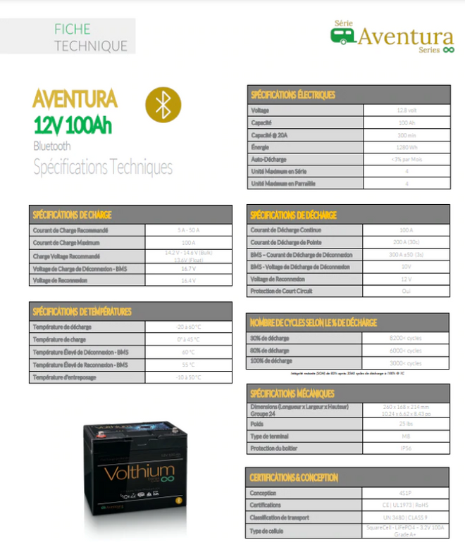 VOLTHIUM AVENTURA 12V 100AH BATTERY – BLUETOOTH and CHARGER