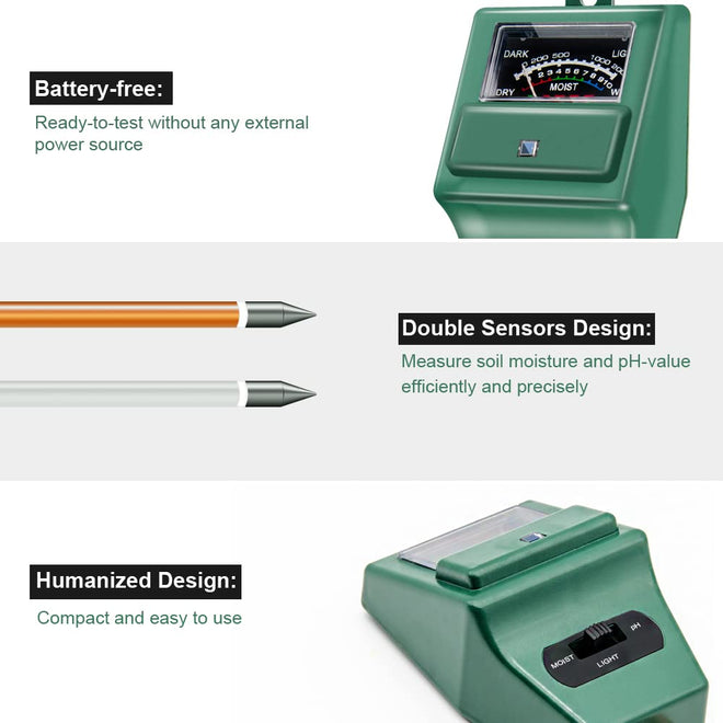 Sonkir Soil pH Meter, MS02 3-in-1 Soil Moisture/Light/pH Tester Gardening Tool Kits for Plant Care, Great for Garden, Lawn, Farm, Indoor & Outdoor Use (Green) 🍁 All In One Marketplace Canada