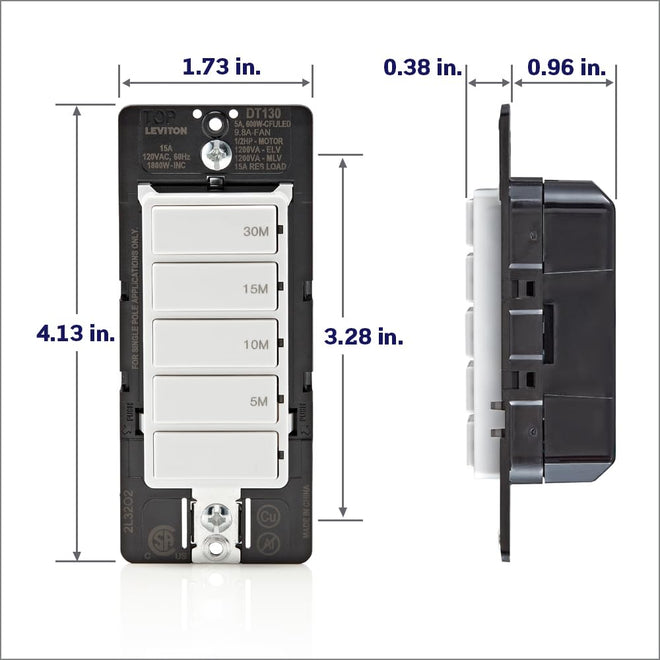 Leviton Countdown Timer Switch, 5-10-15-30 min, No Neutral Required, Single Pole, 15A, 1/2HP/9.8A Fan/Motor, DT130-1LW, White 🍁 All In One Marketplace Canada