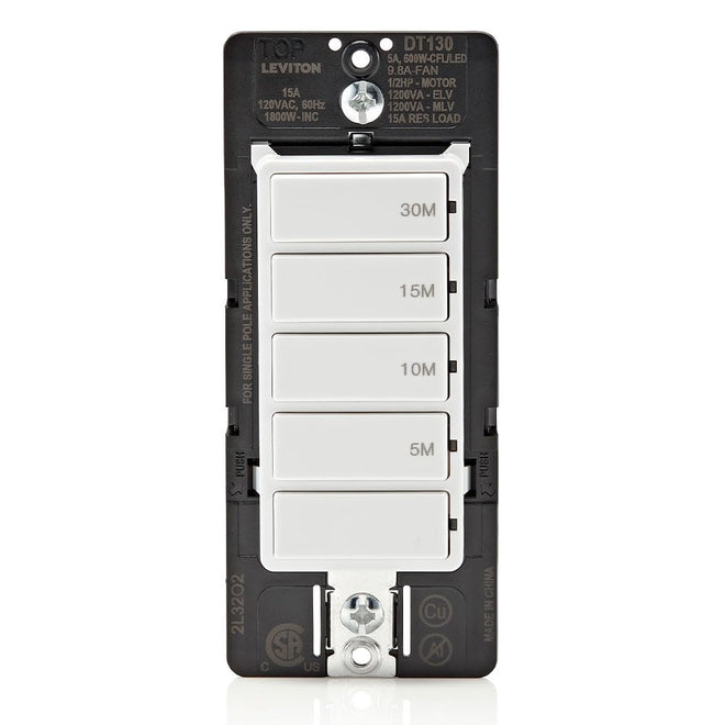 Leviton Countdown Timer Switch, 5-10-15-30 min, No Neutral Required, Single Pole, 15A, 1/2HP/9.8A Fan/Motor, DT130-1LW, White 🍁 All In One Marketplace Canada