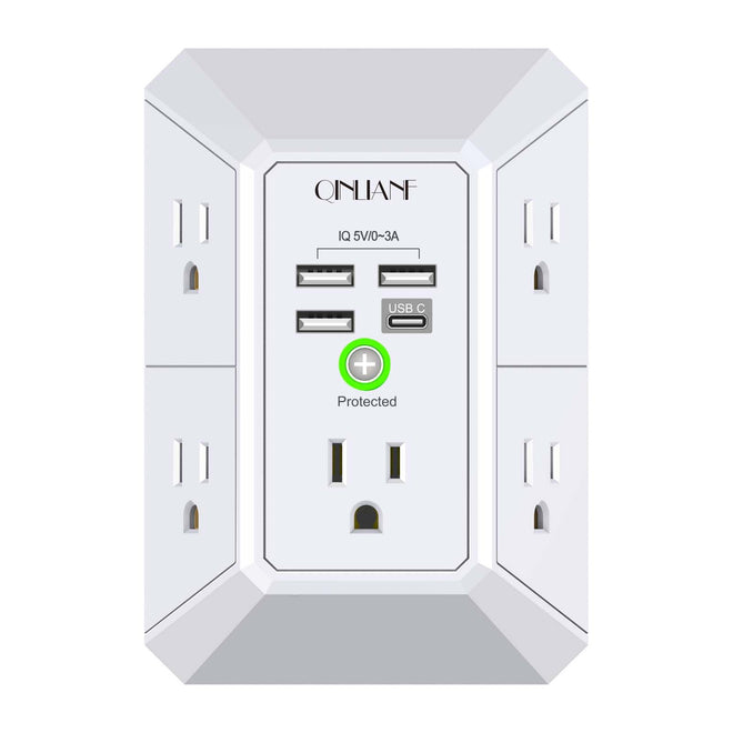Wall Charger, Surge Protector, QINLIANF 5 Outlet Extender with 4 USB Charging Ports (4.8A Total) 3-Sided 1680J Power Strip Multi Plug Adapter Spaced for Home Travel Office (3U1C) 🍁 All In One Marketplace Canada