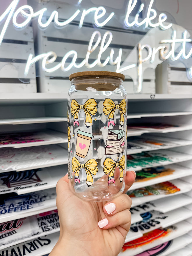 Teacher Pencil Bows Iced Coffee Glass