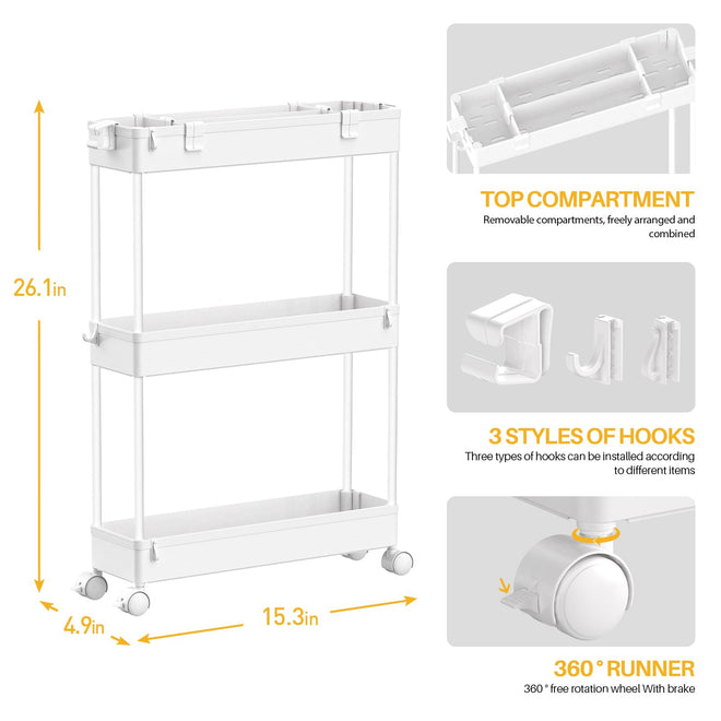 SPACELEAD Slim Storage Cart,3 Tier Bathroom Rolling Utility Cart Storage Organizer Slide Out Cart, Mobile Shelving Unit Organizer Trolley for Office Bathroom Kitchen Laundry Room Narrow Places, White 🍁 All In One Marketplace Canada