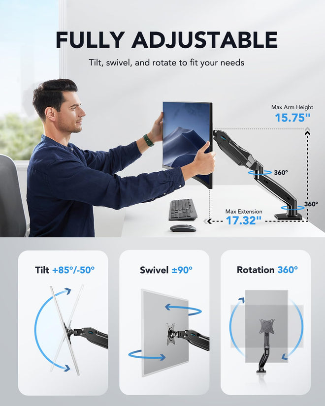 HUANUO Single Monitor Mount, 13 to 32 Inch Design Monitor Arm, Adjustable Stand, Vesa Mount with Clamp and Grommet Base - Fits 4.4 to 19.8lbs LCD Computer Monitors 🍁 All In One Marketplace Canada