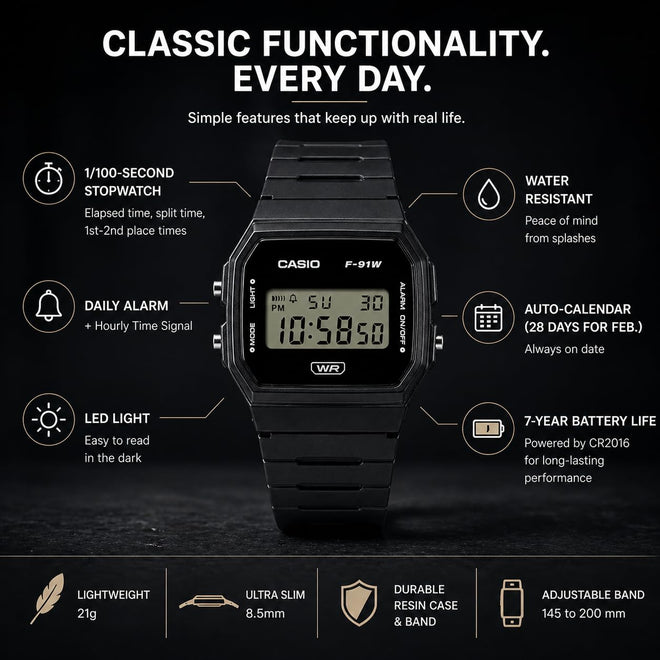 Casio F-91WB Series | Men's Digital Watch | Environmentally Friendly Bio-Based Resin | Alarm | Date Indicator | 7-Year Battery, Black 🍁 All In One Marketplace Canada