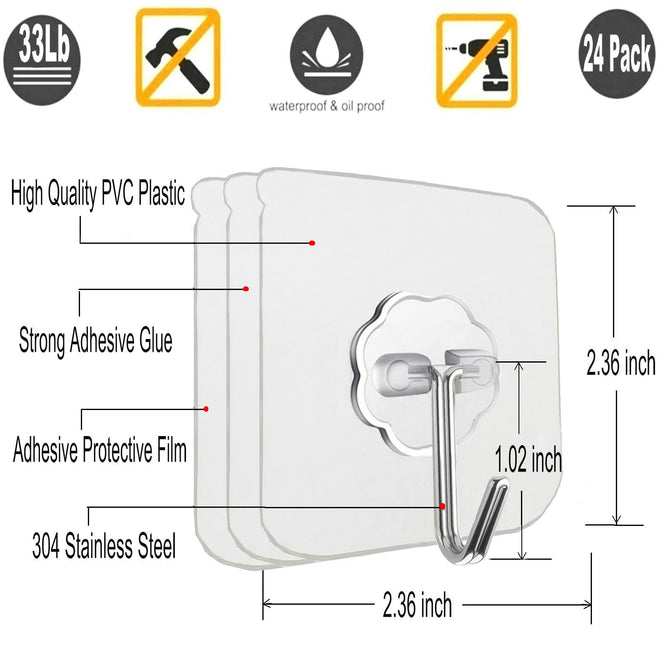 Jwxstore 24 Pack Wall Hooks for Hanging 33lb(Max) Heavy Duty Self Adhesive Hooks Transparent Waterproof Sticky Hooks for Keys Bathroom Shower Outdoor Kitchen Door Home Improvement Utility Hooks 🍁 All In One Marketplace Canada
