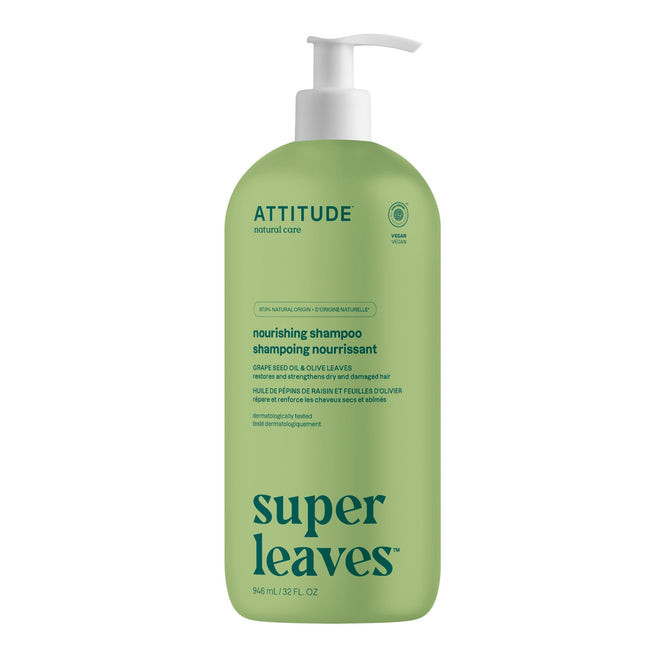 ATTITUDE Nourishing Hair Shampoo, Made in Canada, EWG Verified, For Dry and Damaged Hair, Naturally Derived Ingredients, Vegan and Plant Based, Grapeseed Oil and Olive Leaves, 946 mL 🍁 All In One Marketplace Canada