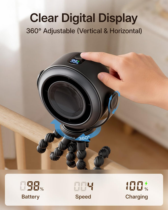 SWEETFULL Portable Stroller Fan, Pinch-Proof Baby Fan, 5-Speed Quiet Mini Clip on Fan, USB-C Rechargeable Battery, LED Display for Car Seat, Crib & Travel - Black 🍁 All In One Marketplace Canada