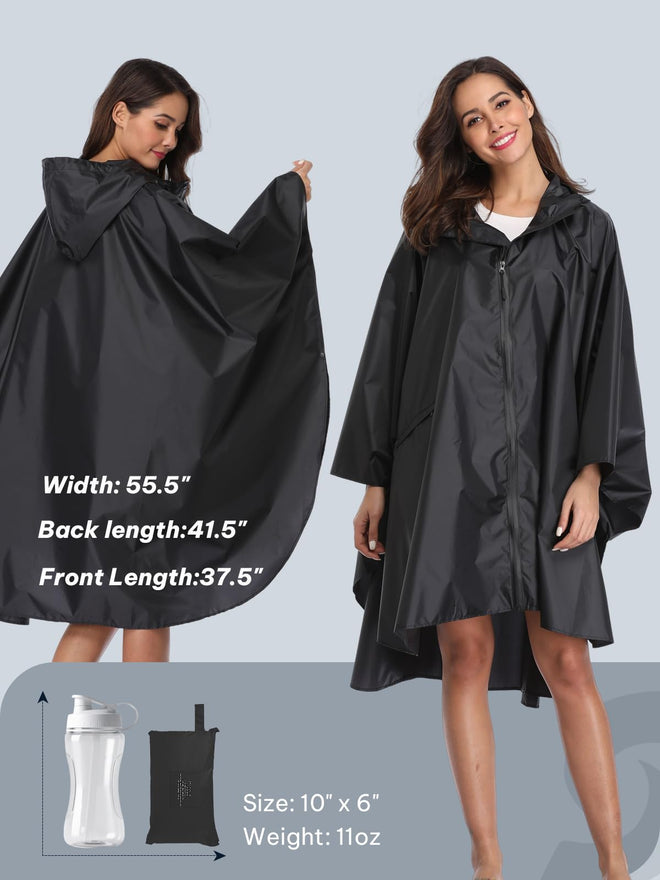 SaphiRose Hooded Rain Ponchos Outdoor Waterproof Raincoat Jacket for Adults with Zipper (Black) 🍁 All In One Marketplace Canada