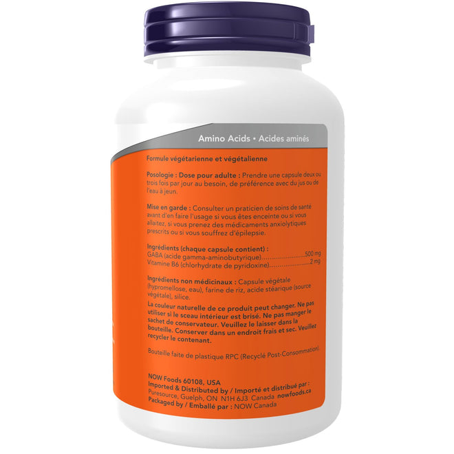 NOW Supplements, GABA (Gamma-Aminobutyric Acid) 500 mg + B-6, Natural Neurotransmitter, 200 Veg Capsules 🍁 All In One Marketplace Canada