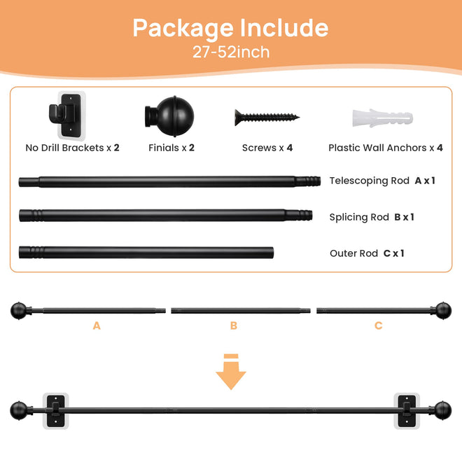upsimples No Drill Curtain Rods for Window 28 to 48 Inches, 5/8 Inch Diameter Renter Friendly Drapery Rod with Adhesive Brackets without Drilling, Adjustable from 27 to 52 Inches, Black 🍁 All In One Marketplace Canada