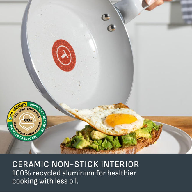 T-FAL Refresh Ceramic Nonstick Fry Pan Set, 2 Pieces, 8 Inch (20 cm) & 10 Inch (26 cm), Eco-Friendly, Durable for Healthy Cooking, Moon Grey 🍁 All In One Marketplace Canada