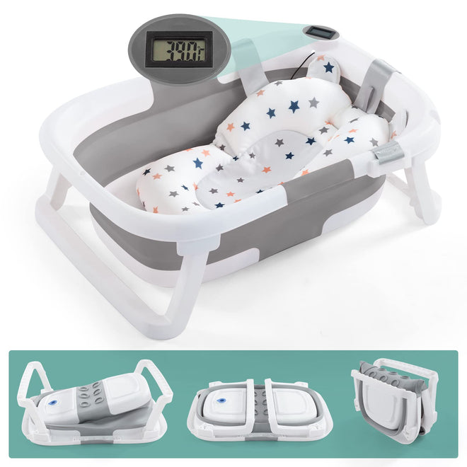 Baby BathTub, 4-in-1 Newborn to Toddler Tub with Temperature Sensor,Infant Waterproof Ear Cap and Soft Cushion included,Grey 🍁 All In One Marketplace Canada