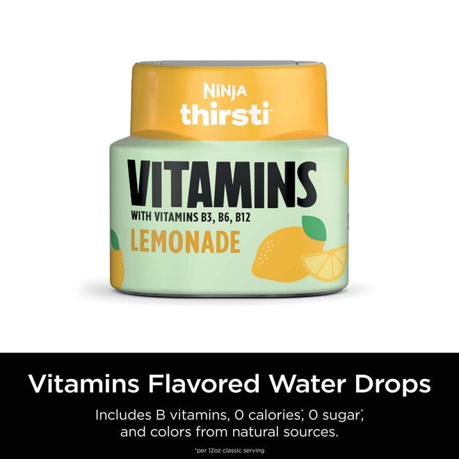 Ninja Thirsti VITAMINS Lemonade Flavoured Water Drops with Vitamins B3, B6, B12 and 0 calories*, 0 sugar* (*per 12oz classic serving) . Turn water into refreshing fruit-flavoured sparkling or still drinks with Ninja Thirsti Vitamins Flavoured Water Drops,