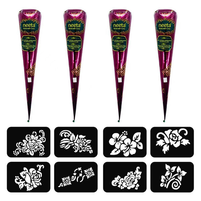 4 Pack Natural Mehendi Cone Henna Paste Temporary Tattoo Paste with 8pcs Tattoo Stencils| Each cone 25 grams | Indian Body Art Painting Drawing Tattoos Freckles (Reddish Brown Color) 🍁 All In One Marketplace Canada