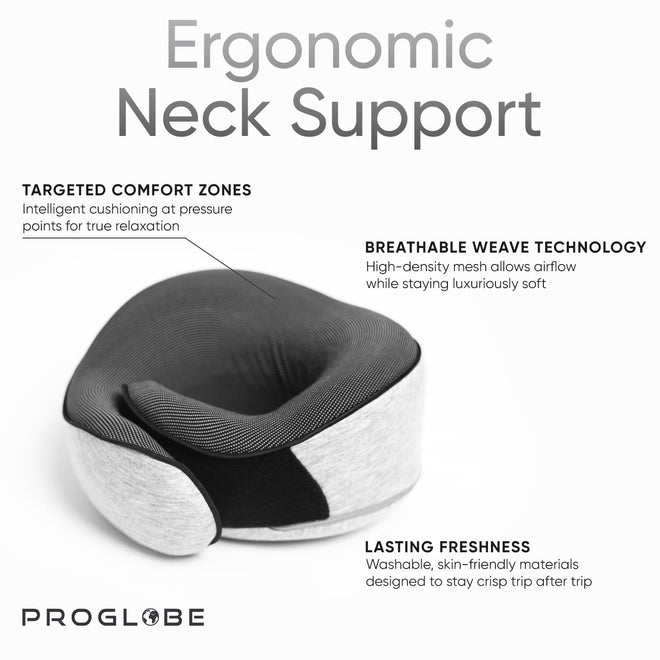 Proglobe Orthopedic Neck Pillow Travel Neck Pillows for Airplanes, Memory Foam Kit, Updated Resting Material, Airplane Travel Set with 3D Contoured Eye Masks, Earplugs, and Luxury Mesh Bag (Grey) 🍁 All In One Marketplace Canada