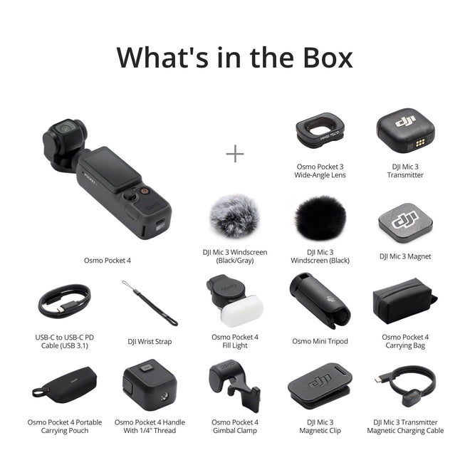 DJI Osmo Pocket 4 Creator Combo, Pocket Gimbal Vlog Camera, 1″ CMOS & 4K/240fps, 3‑Axis Stabilization, 2× Lossless Zoom, 107GB Built-in Storage, Mic 3 Transmitter, Fill Light, Osmo Mini Tripod 🍁 All In One Marketplace Canada