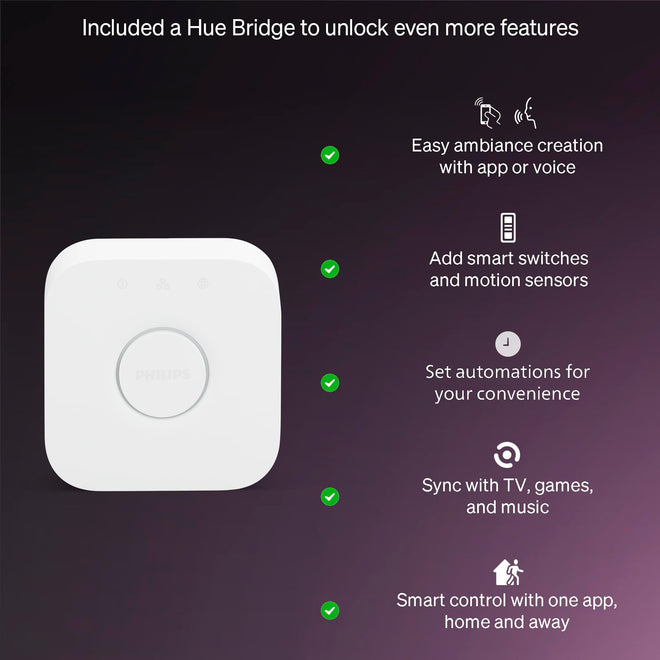 Philips Hue Essential Starter Kit: Bridge + 4 Essential E26 Smart Bulbs, White and Color Ambiance, 2200K-6500K, Dimmable, Works with Alexa, Google Assistant, Samsung SmartThings, Apple Home 🍁 All In One Marketplace Canada