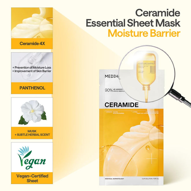MEDIHEAL Ceramide Essential Face Mask - Moisturizing, Barrier Repair with Panthenol & Adenosine for Intense Hydration for Dry & Sensitive Skin, Face Mask for Women, Vegan, Korean Skincare (10 Sheets) 🍁 All In One Marketplace Canada