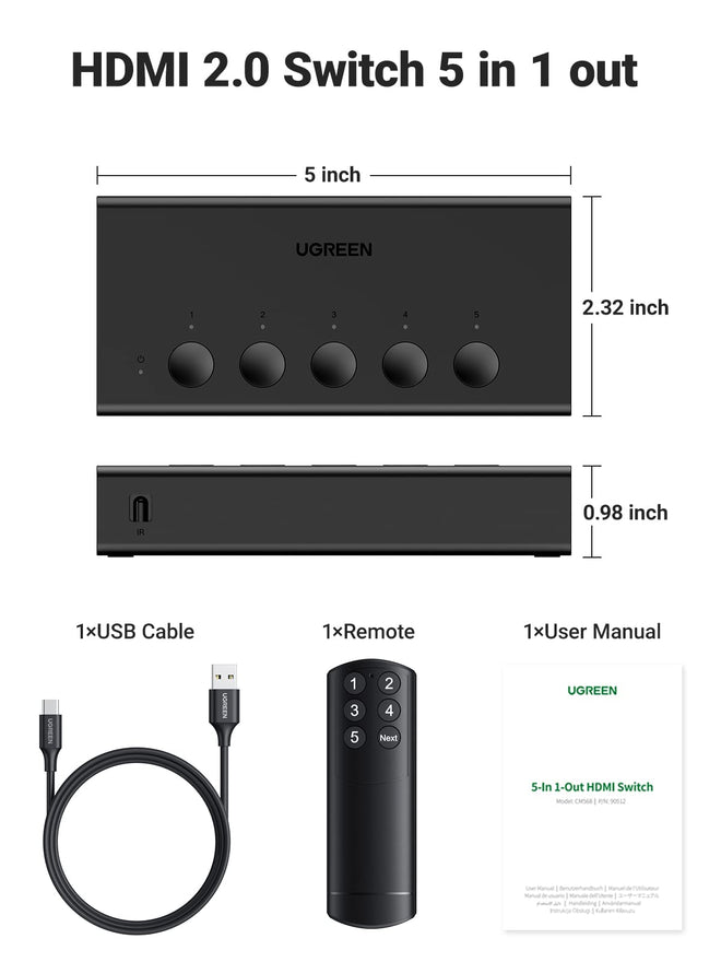 UGREEN HDMI Switch 5 in 1 Out 4K@60Hz, HDMI 2.0 Switcher 5 Port with IR Remote Selector Box 4K HDR 3D Dolby Vision Atmos CEC HDCP2.2, Compatible with PS5 4 3 Xbox Switch TV Black 🍁 All In One Marketplace Canada