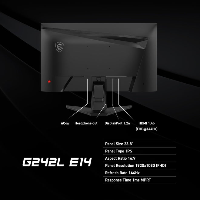 MSI G242L E14 24-inch 1920 x 1080 (FHD) Gaming Monitor, 144Hz, Adaptive-Synch, HDMI, DisplayPort, VESA Mountable, Tilt, Height Adjustable, Speaker, 1ms, Black 🍁 All In One Marketplace Canada