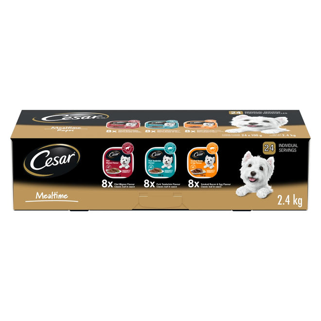 CESAR Classic Loaf in Sauce Adult Wet Dog Food Mealtime Variety Pack, with 8 Filet Mignon, 8 Pork Tenderloin & 8 Smoked Bacon & Egg Flavours, 24x100g Trays 🍁 All In One Marketplace Canada
