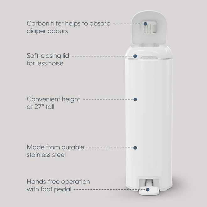 Diaper Genie Platinum Diaper Pail, White - Made in Durable Stainless Steel and Includes 1 Easy Roll Refill with 18 Bags 🍁 All In One Marketplace Canada