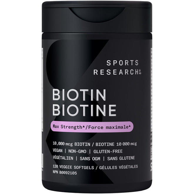 Sports Research® Max Strength Vegan Biotin 10,000mcg with Organic Coconut Oil - Helps to Maintain Healthy Hair, Nails and Skin - Great for Women & Men - 120 Veggie Softgels 🍁 All In One Marketplace Canada