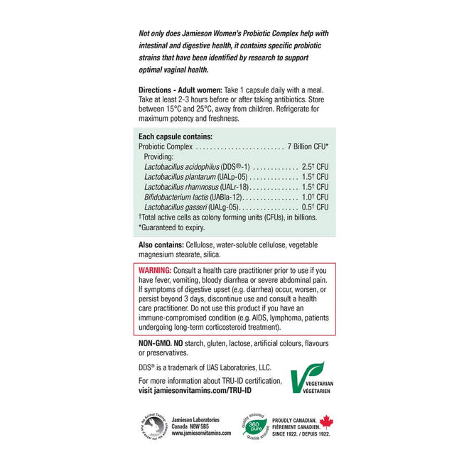 Jamieson Women's Probiotic Complex 7 Billion Active Cells, Supports Digestive Health, Intestinal Health, Gut Flora, and Vaginal Health with Lactobacillus and Bifidobacterium, Non-GMO, Gluten-Free, 45 Vegetarian Capsules 🍁 All In One Marketplace Canada