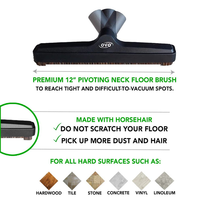 OVO Universal Vacuum Cleaner Floor Brush for Hard Surface with Natural Bristles, 12 inch, 1 1/4 inch (32mm) Inner Diameter, Fits All, Black (ACC-216-BK.) 🍁 All In One Marketplace Canada