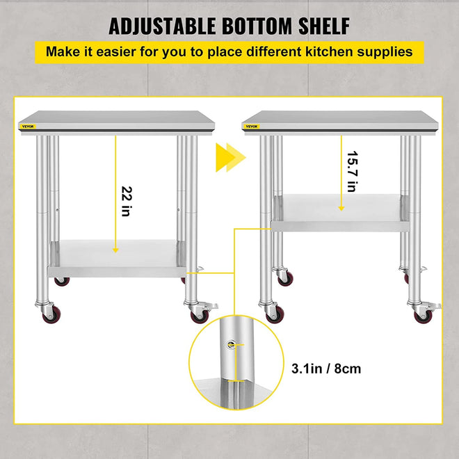 VEVOR Stainless Steel Work Table with Wheels 24 x 30 Prep Table with casters Heavy Duty Work Table for Commercial Kitchen Restaurant Business 🍁 All In One Marketplace Canada