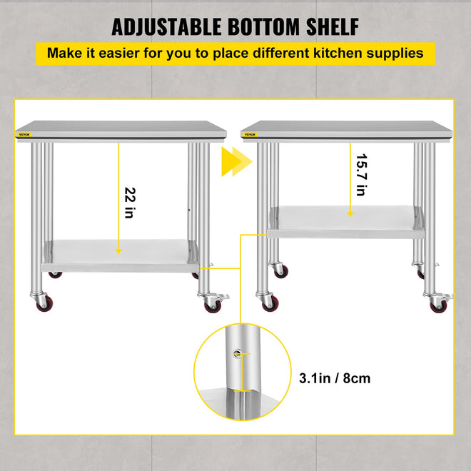 VEVOR 36x24x33.5 inch Stainless Steel Work Table with Wheels Prep Table with casters Heavy Duty Work Table for Commercial Kitchen Restaurant Business Garage 350 lb Capacity 🍁 All In One Marketplace Canada