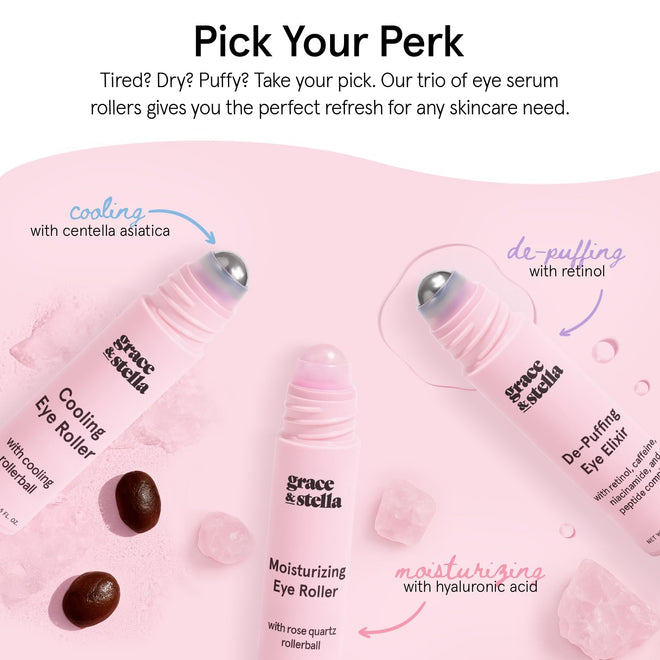 grace & stella Eye Serum Roller with Rose Quartz Rollerball - Hyaluronic Acid & Caffeine Under Eye Cream for Dark Circles & Puffiness - Airplane Travel Essentials - Vegan Skincare (15ml / 0.51floz) 🍁 All In One Marketplace Canada