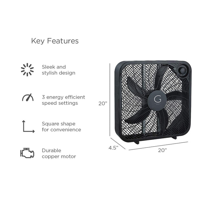 Genesis 20" Box Fan, 3 Settings, Max Cooling Technology, Carry Handle, Black (G20BOX-BLK) 🍁 All In One Marketplace Canada