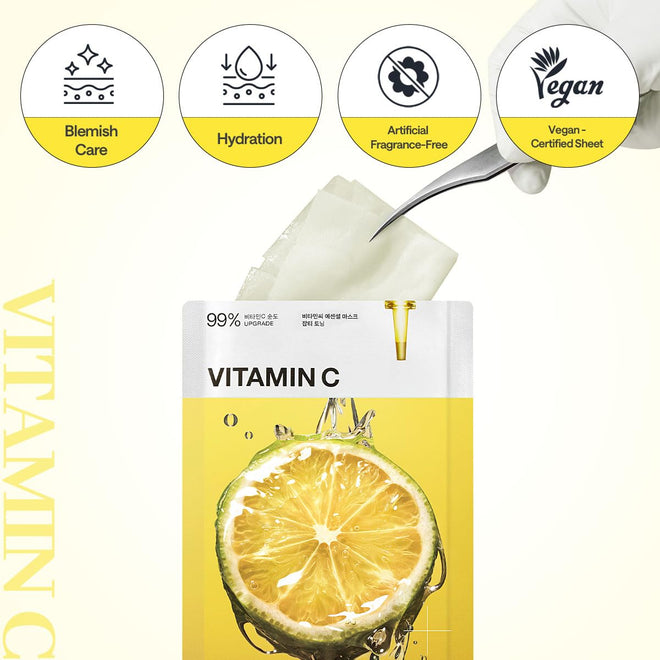 MEDIHEAL Vitamin C Essential Face Mask - Brightening & Hydrating Facial Mask for Blemish & Uneven Skin Tone, Clear Toning with Niacinamide, Vegan, Korean Skincare for Women (10 Sheets) 🍁 All In One Marketplace Canada