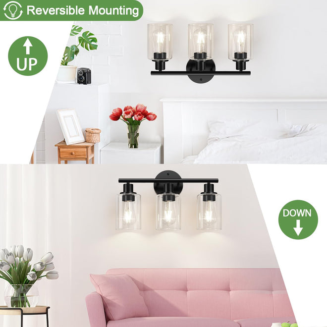3-Light Bathroom Light Fixtures, Black Bathroom Wall Lights, Modern Bathroom Vanity Light with Clear Glass Shade, Bathroom Wall Lamp for Mirror Kitchen Bedroom Living Room 🍁 All In One Marketplace Canada