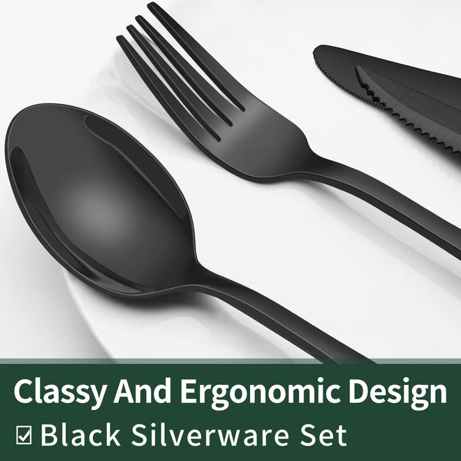 24-Piece Black Silverware Set with Steak Knives, Black Flatware Set for 4, Food-Grade Stainless Steel Tableware Cutlery Set, Mirror Finished Utensil Sets for Home Restaurant 🍁 All In One Marketplace Canada