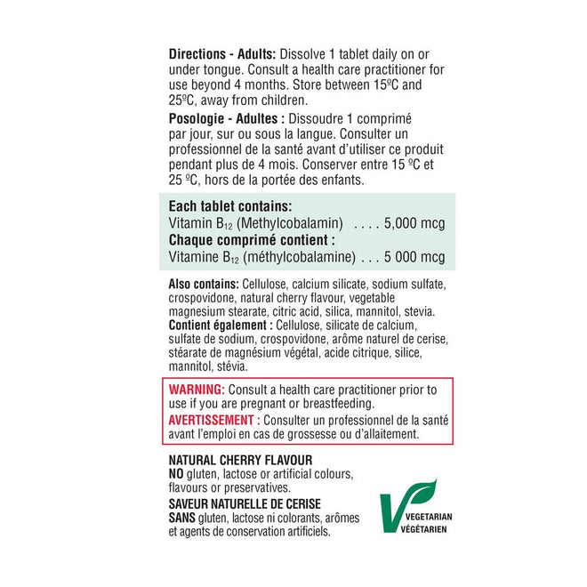 Jamieson Vitamin B12 5,000 mcg Fast Dissolve Sublingual Tablets Natural Cherry Flavour, Methylcobalamin, Supports Energy Production and Metabolism. Vegetarian. Gluten-Free, No Artificial Colours, Flavours, or Preservatives, 45 Count, Proudly Canadian