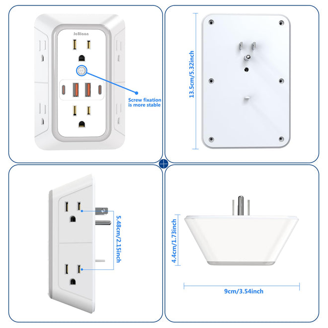 JcBlaon Outlet Extender Surge Protector - 6 Outlet Splitter with 4 USB Ports (2 USB C), Multiple Plug Expander Wall Charger, 3 Sided Multi Plug Wall Adapter Power Strip for Home Office Kitchen Travel 🍁 All In One Marketplace Canada