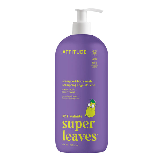 ATTITUDE Shampoo and Body Wash for Kids, Made in Canada, EWG Verified Hair and Body Cleanser, Dermatologically Tested Soap, Plant and Mineral Based Bath Products, Vegan, Vanilla & Pear, 946 mL 🍁 All In One Marketplace Canada
