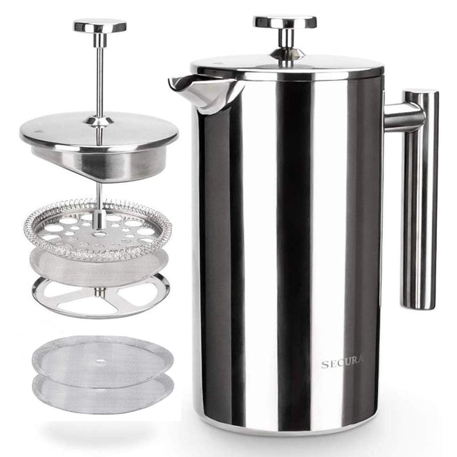 Secura French Press Coffee Maker, 304 Grade Stainless Steel Insulated Coffee Press with 2 Extra Screens, 34oz (1 Litre), Silver 🍁 All In One Marketplace Canada