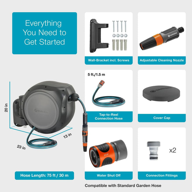 GARDENA 20502-80, Retractable Garden Hose Reel 75' x 1/2" Hose, Wall Mounted, Automatic Retraction & Length Lock for Easy Watering. Heavy Duty Swivel Bracket 180°, Includes Nozzle. Made in Europe 🍁 All In One Marketplace Canada