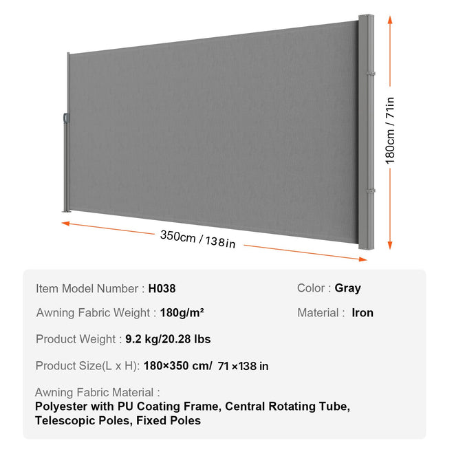 VEVOR Retractable Side Awning, 71''x 138'' Outdoor Privacy Screen, 180g Polyester Water-Proof Retractable Patio Screen, UV 30+ Room Divider Wind Screen for Patio, Backyard, Balcony, Gray 🍁 All In One Marketplace Canada