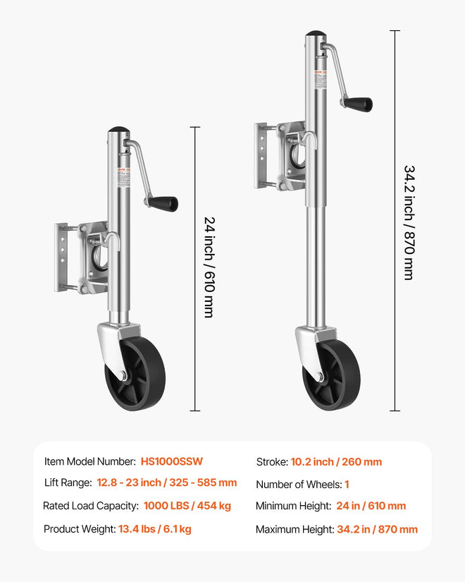 VEVOR Trailer Jack with Wheel, 1000 lbs Load Capacity, Heavy Duty Swivel Boat Trailer Jack with PP Single Wheel & Ergonomic Handle, 10-inch Lift, Fit for RVs, Boats, Horse Trailers, Utility Trailers 🍁 All In One Marketplace Canada