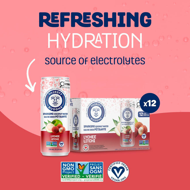 THIRSTY BUDDHA Sparkling Coconut Water with Lychee, No Added Sugar, Pure Coco Drink, Natural Fruit Flavour, Electrolyte & Nutrient-Rich, 12 Pack, (12/330ml) 🍁 All In One Marketplace Canada
