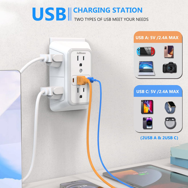 JcBlaon Outlet Extender Surge Protector - 6 Outlet Splitter with 4 USB Ports (2 USB C), Multiple Plug Expander Wall Charger, 3 Sided Multi Plug Wall Adapter Power Strip for Home Office Kitchen Travel 🍁 All In One Marketplace Canada