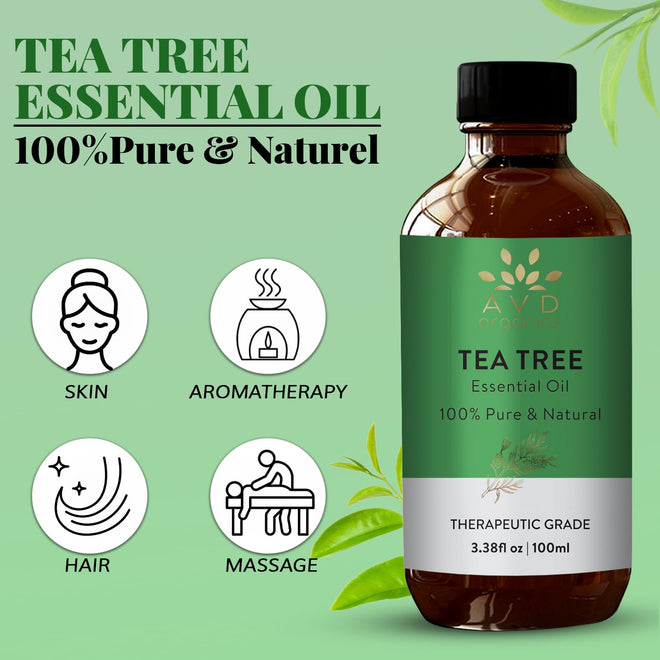 AVD Organics Tea Tree Oil | 100% Pure and Natural Tea Tree Essential Oil for skin | for Nail Fungus Face Aromatherapy Home Diffusers Carrier | 3.38 fl. Oz 🍁 All In One Marketplace Canada