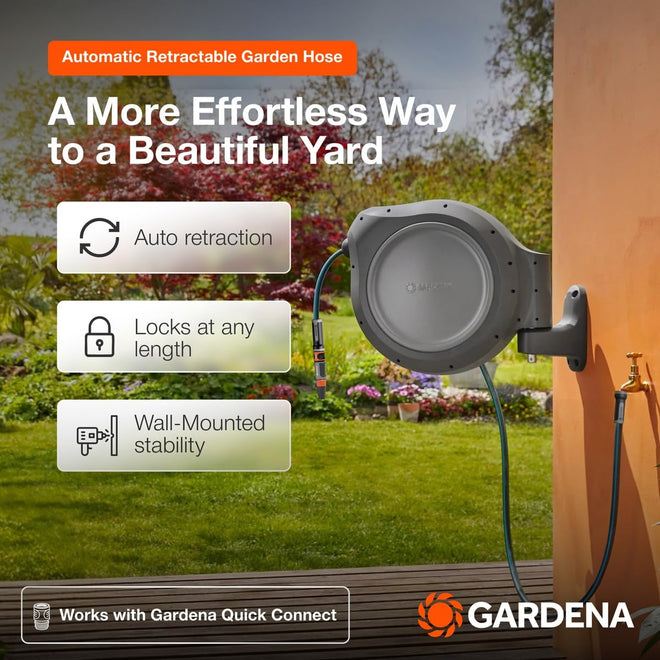 GARDENA 20502-80, Retractable Garden Hose Reel 75' x 1/2" Hose, Wall Mounted, Automatic Retraction & Length Lock for Easy Watering. Heavy Duty Swivel Bracket 180°, Includes Nozzle. Made in Europe 🍁 All In One Marketplace Canada