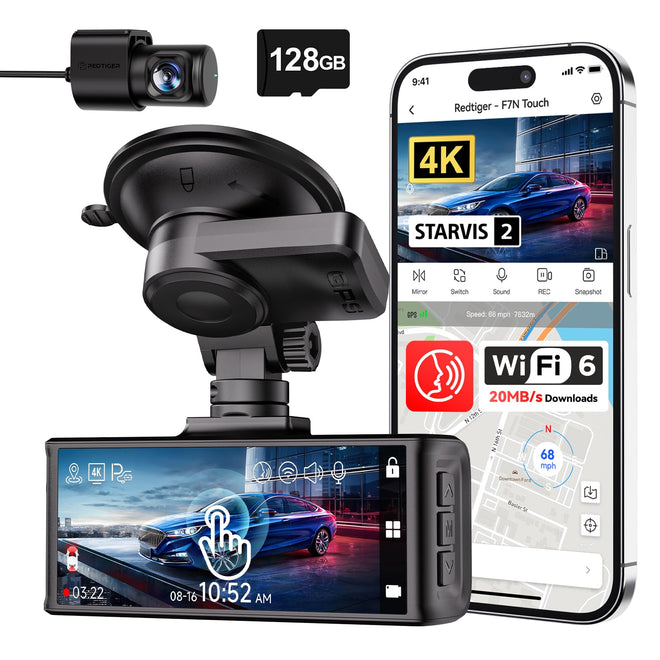 REDTIGER 4K Dash Cam Front and Rear, STARVIS 2 Sensor, Touch Screen 3.18", Voice Control, 20MB/s 5.8GHz WiFi 6 Car DashCam with 128GB Card, GPS, Night Vision, Emergency Lock, Parking Mode(F7N Touch) 🍁 All In One Marketplace Canada